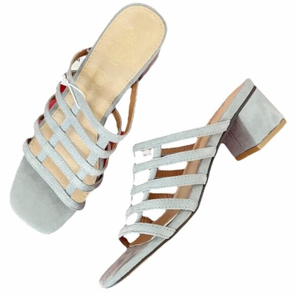 NWT Mi.iM Suede Mila Caged Block Heel Square Toe Sandals Ice Blue Suede Size 6 - Picture 13 of 13